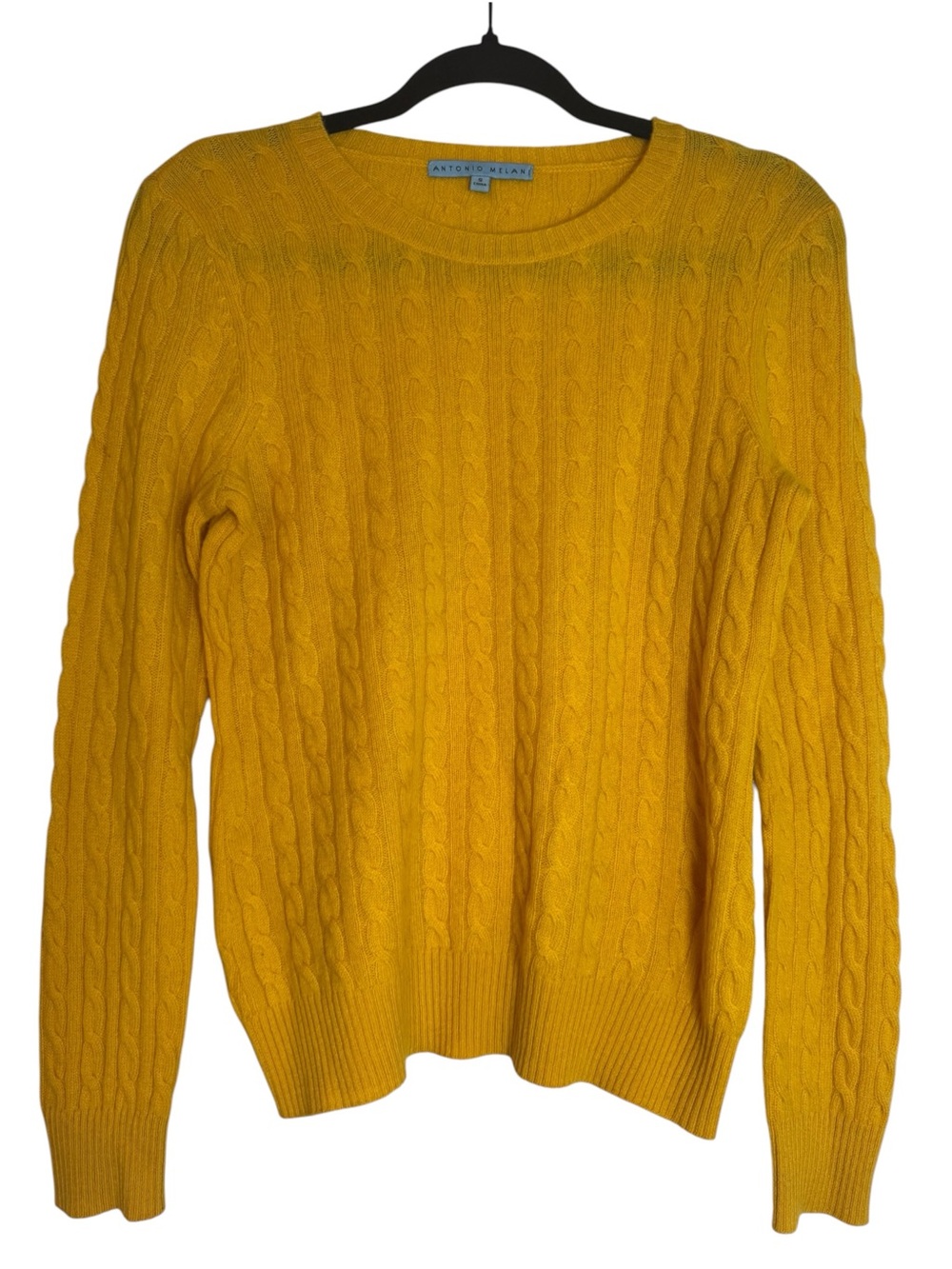 ANTONIO MELANI 100% Cashmere Cable Knit Crewneck Small Sweater in Mustard Yellow